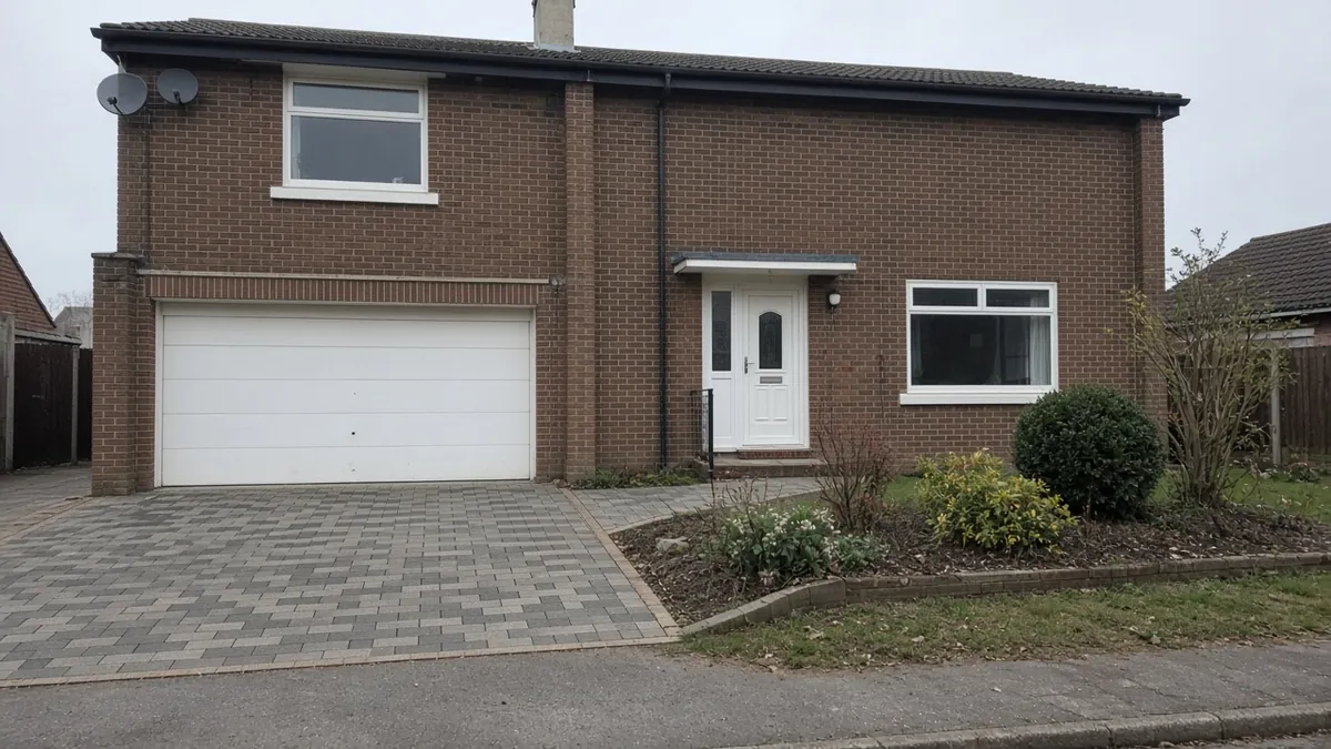 Example image: Billingham house with a grey and charcoal block paved drive in front of the garage