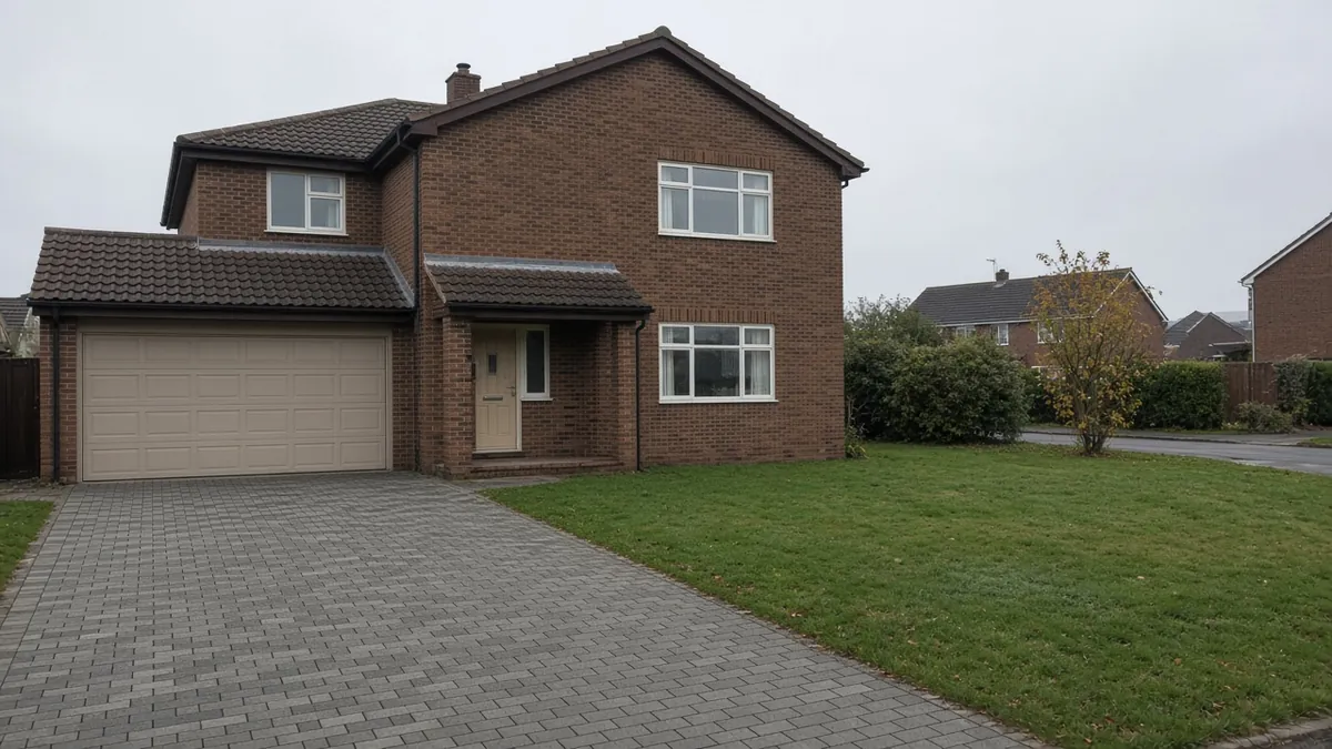 Example image: 1970s detached house near Elm Tree with a wide block paved drive and open-plan lawn