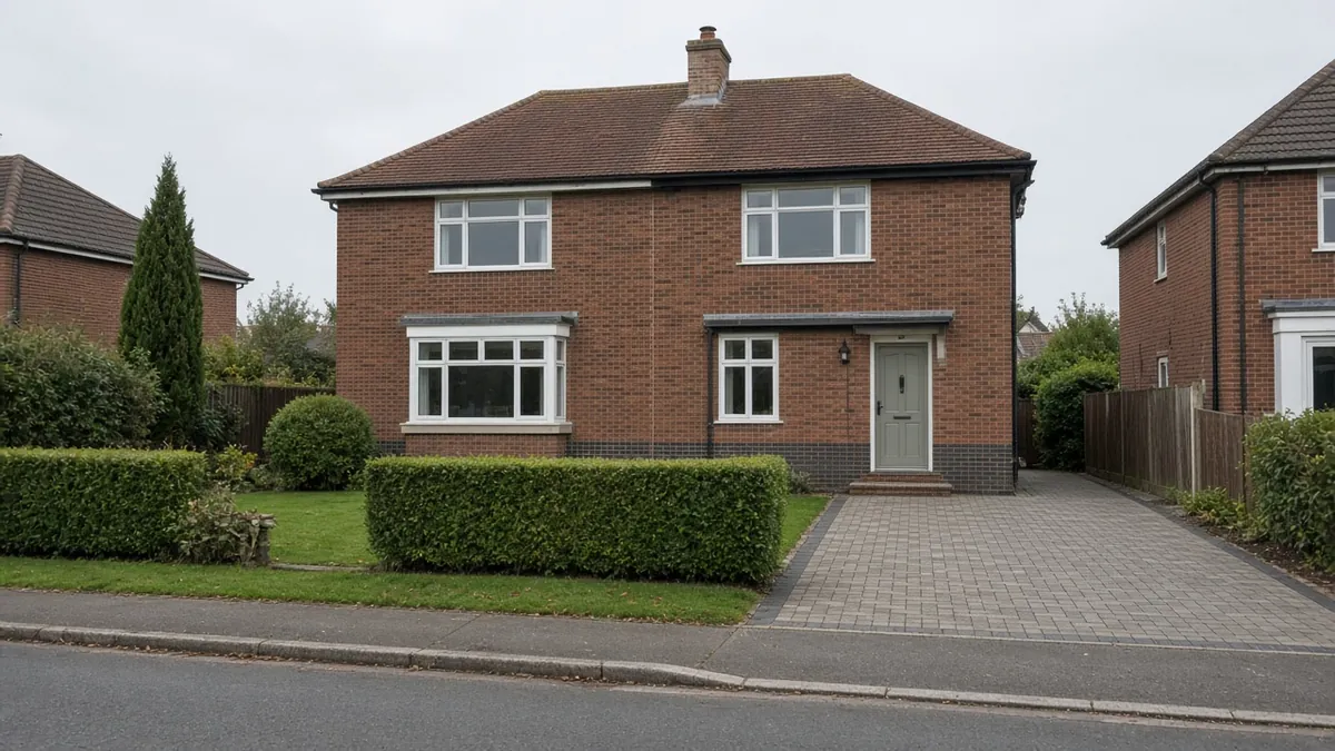 Example image: 1950s Fairfield semi with a side drive widened in grey block paving