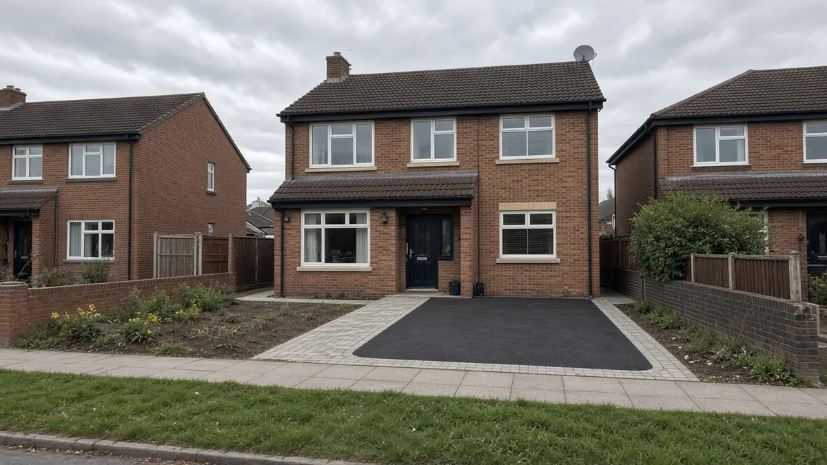 Example image: Hardwick house with a single tarmac parking space and block edging in a short front garden