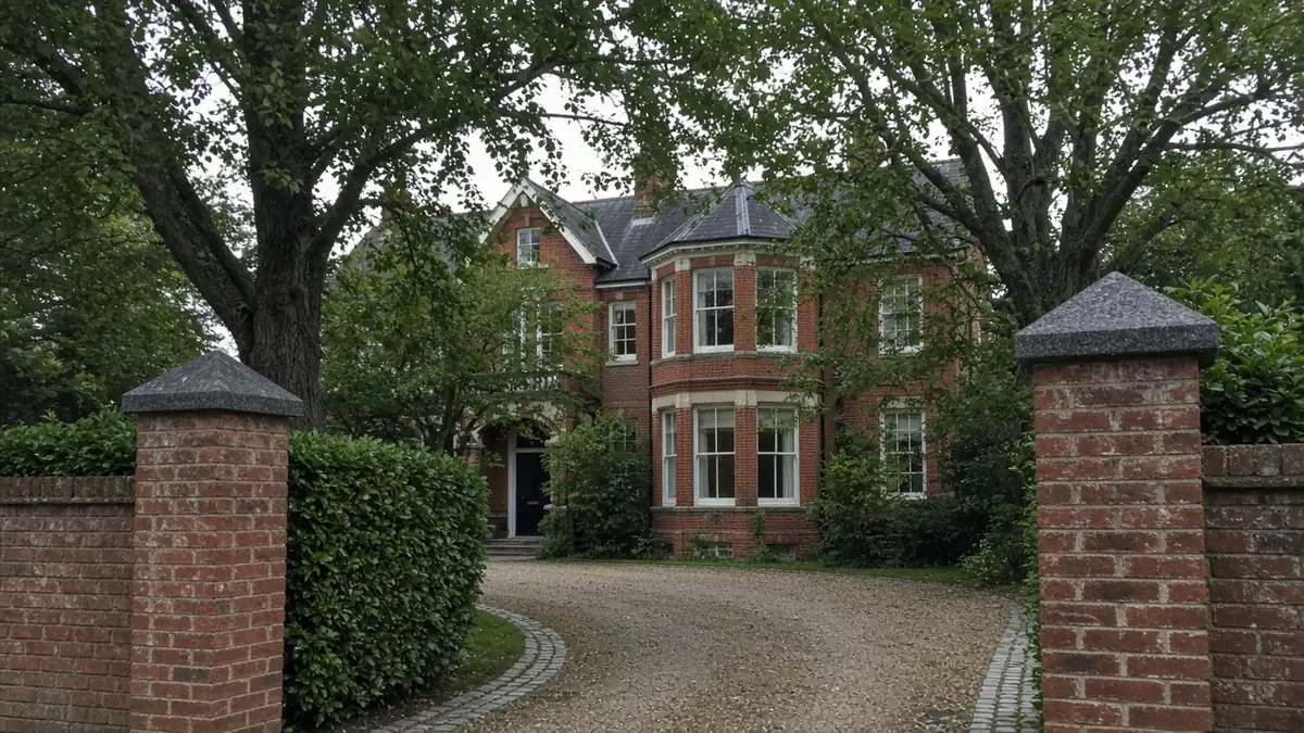 Example image: Edwardian Hartburn villa with a gravel drive and granite sett edging between brick piers