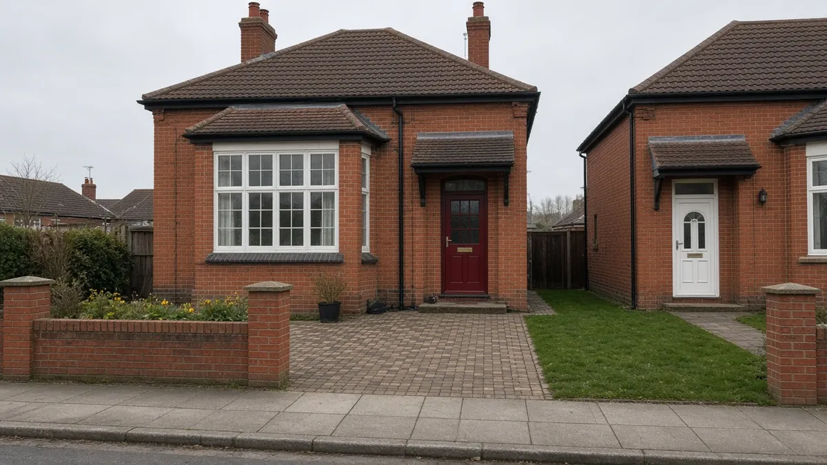 Example image: inter-war Norton bungalow with a brindle block drive and its original low brick wall kept