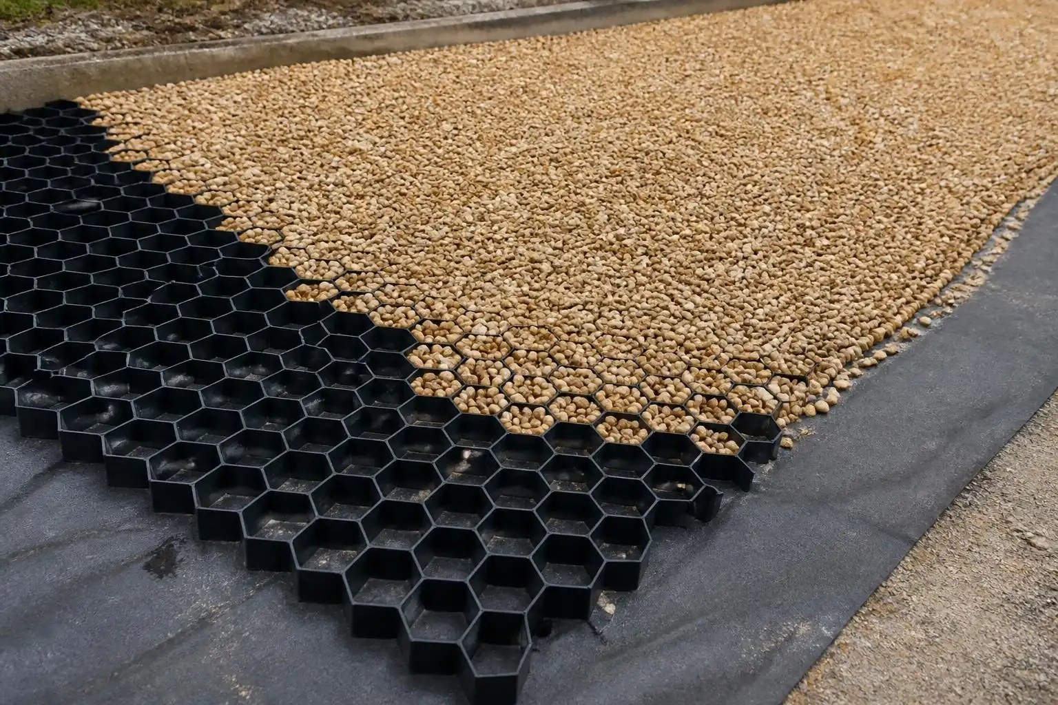 Example image: plastic grid panels partly filled with angular gravel on a driveway