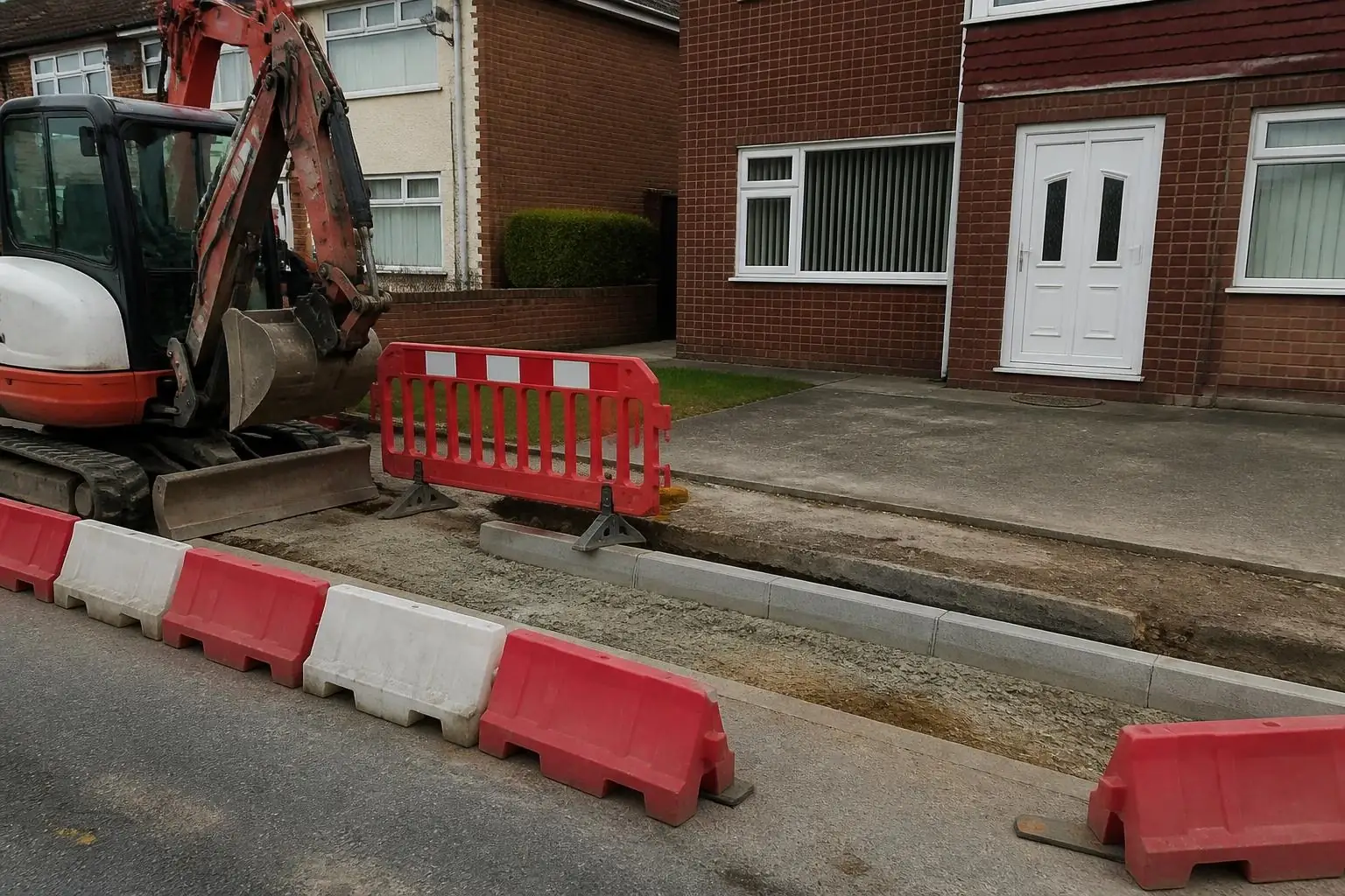 Example image: footway being rebuilt for a vehicle crossing with lowered kerb stones